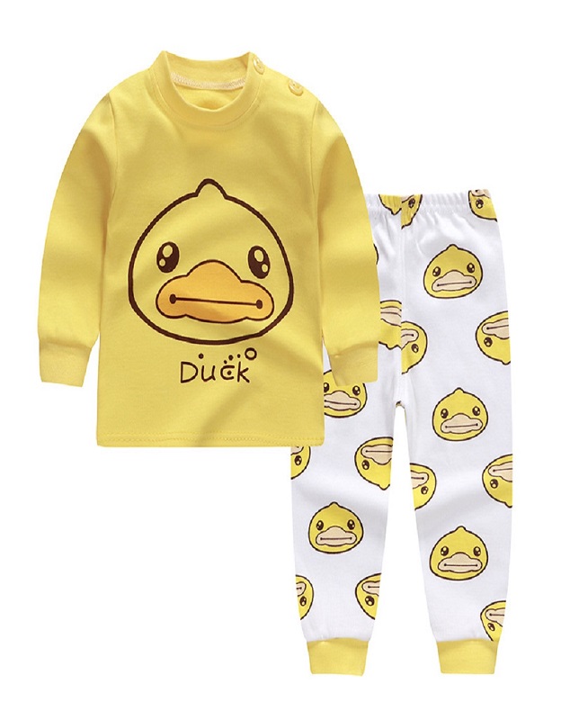 Long Sleeve Round Collar Tops Long Trousers Home Wearing Clothes Suits Color Autumn set of yellow ducklings Baby